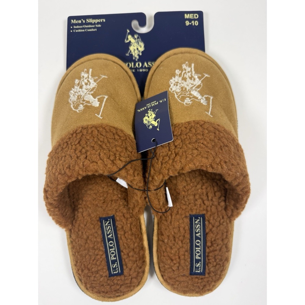 NWT U.S. Polo Assn Men's Slippers M 9-10 Brown Sherpa Faux Suede Indoor Outdoor